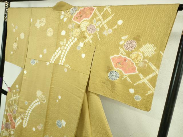 平和屋本店●極上　創業460年・千總　訪問着　駒刺繍　地紙花文　芥子色地　金彩　小田急百貨店扱い　逸品　DZAB4159kh6_2