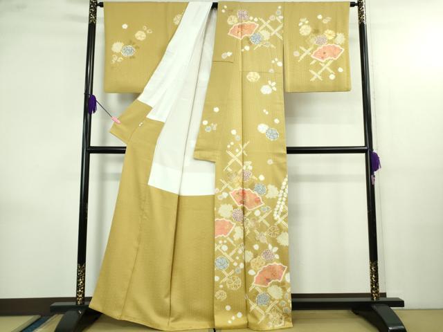 平和屋本店●極上　創業460年・千總　訪問着　駒刺繍　地紙花文　芥子色地　金彩　小田急百貨店扱い　逸品　DZAB4159kh6_1