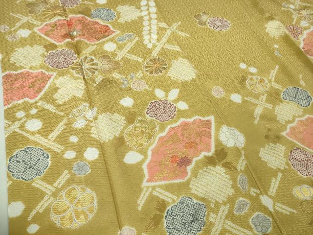 平和屋本店●極上　創業460年・千總　訪問着　駒刺繍　地紙花文　芥子色地　金彩　小田急百貨店扱い　逸品　DZAB4159kh6_4