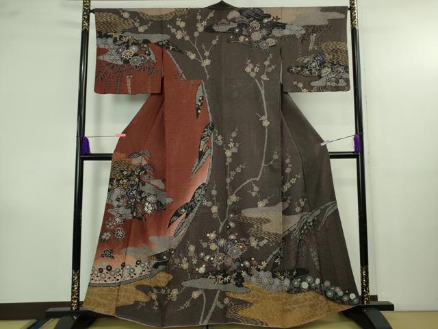 平和屋着物●極上　中国三大刺繍　スワトウ刺繍　汕頭刺繍　訪問着　草花文　暈し染め　金糸　金通し地　逸品　DZAB4165kh6