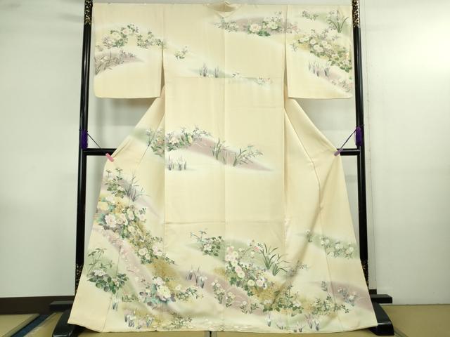 平和屋本店●極上　訪問着　刺繍　四季花文　鳥の子色地　暈し染め　金彩　ロング丈　逸品　DZAB4167kh6