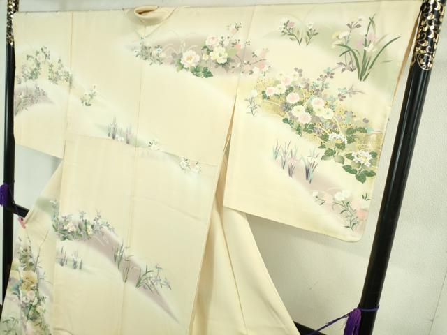 平和屋本店●極上　訪問着　刺繍　四季花文　鳥の子色地　暈し染め　金彩　ロング丈　逸品　DZAB4167kh6_2