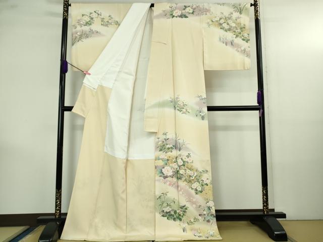 平和屋本店●極上　訪問着　刺繍　四季花文　鳥の子色地　暈し染め　金彩　ロング丈　逸品　DZAB4167kh6_1