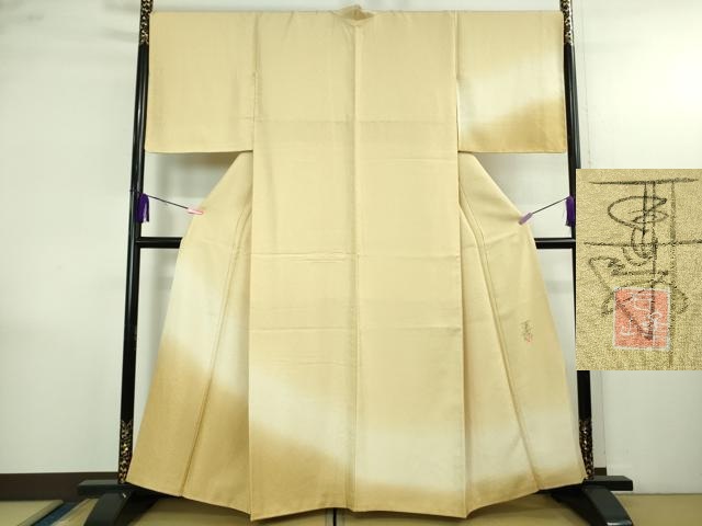 平和屋着物●極上　京加賀友禅　百貫石峰　訪問着　お召地　花唐草地紋　蜂蜜色地　暈し染め　逸品　DZAB4168kh6