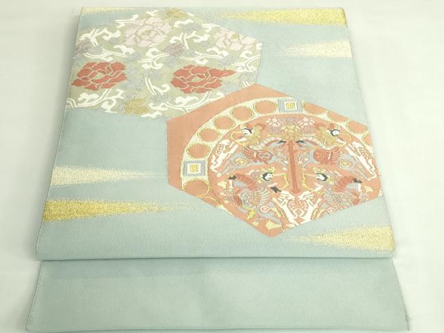 平和屋着物●極上　爪掻き本綴れ　八寸名古屋帯　狩猟文　花唐草　秘色色地　金糸　逸品　DZAB4231kh6