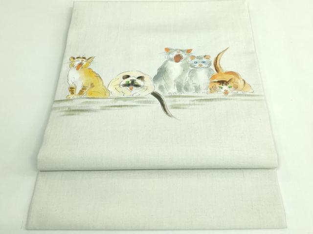 平和屋着物●極上　つけ帯　手描き　紬地　猫　絹鼠色地　逸品　DZAB4263kh6_1