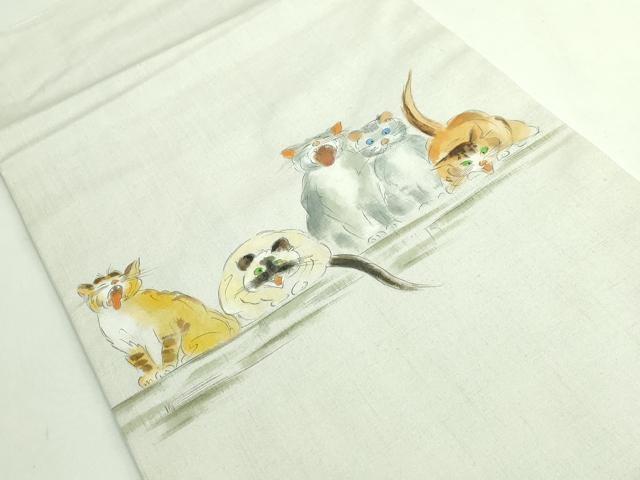 平和屋着物●極上　つけ帯　手描き　紬地　猫　絹鼠色地　逸品　DZAB4263kh6_2