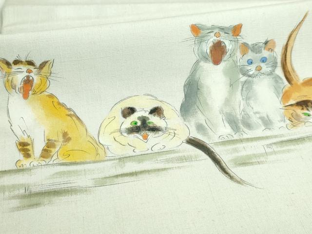 平和屋着物●極上　つけ帯　手描き　紬地　猫　絹鼠色地　逸品　DZAB4263kh6_3