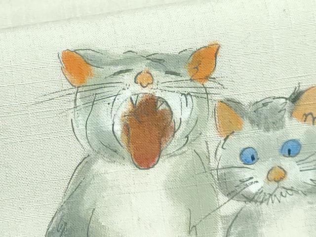 平和屋着物●極上　つけ帯　手描き　紬地　猫　絹鼠色地　逸品　DZAB4263kh6_4