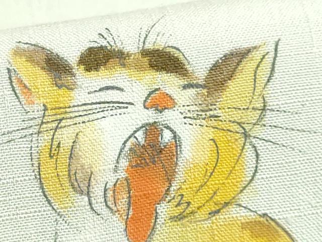 平和屋着物●極上　つけ帯　手描き　紬地　猫　絹鼠色地　逸品　DZAB4263kh6_5