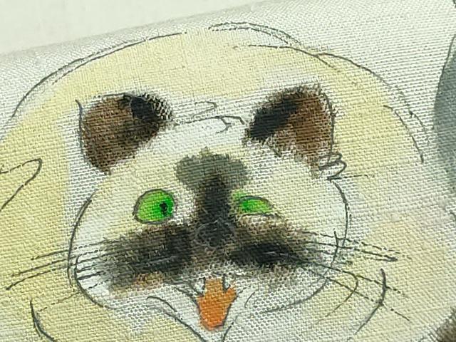 平和屋着物●極上　つけ帯　手描き　紬地　猫　絹鼠色地　逸品　DZAB4263kh6_6