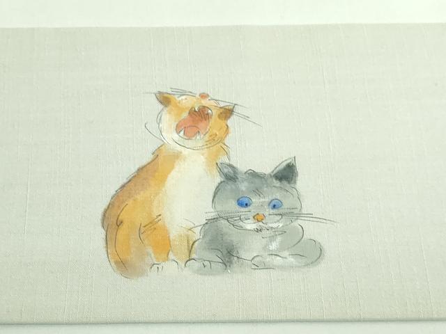 平和屋着物●極上　つけ帯　手描き　紬地　猫　絹鼠色地　逸品　DZAB4263kh6_8