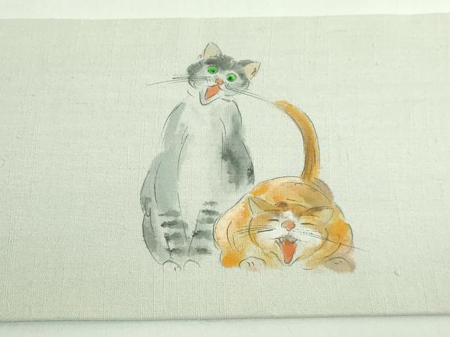平和屋着物●極上　つけ帯　手描き　紬地　猫　絹鼠色地　逸品　DZAB4263kh6_9