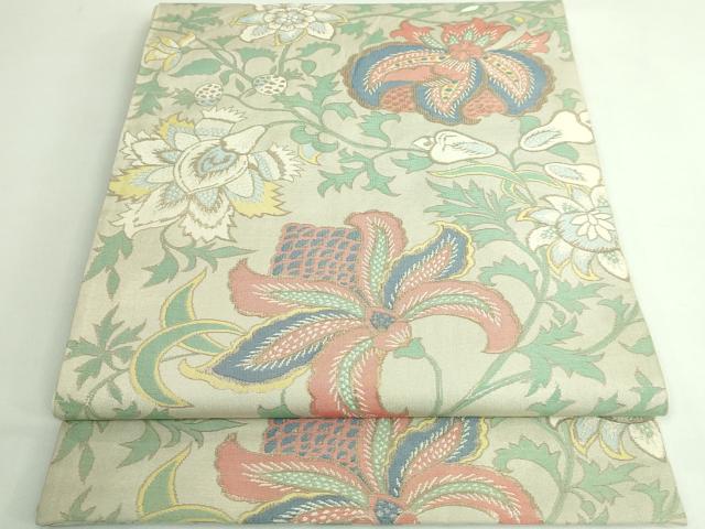 平和屋本店○極上 洛風林 工芸帯地 六通柄袋帯 更紗花文 金糸 逸品