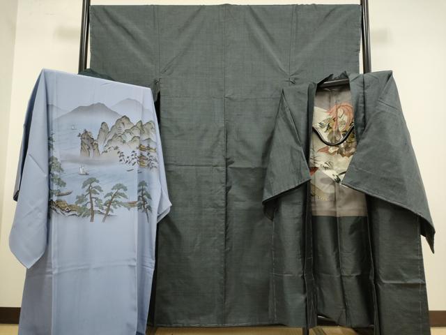 平和屋着物●極上　男性　本場大島紬 アンサンブル 長襦袢(袷)・長羽織セット　100亀甲　総詰め　羽裏・歌舞伎　逸品　未使用　DZAB4317kh6