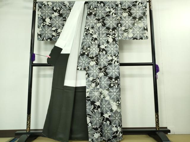 平和屋本店●極上　小紋　正倉院花唐草文　暈し染め　黒地　銀彩　逸品　未使用　DZAB4329kh6_1