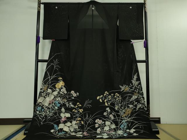 平和屋本店＊極上　夏物　黒留袖　お引きずり・お引き摺り　舞妓　芸妓　芸者　衣装　絽　駒刺繍　秋草文　黒地　金彩　逸品　DZAB4344kh6