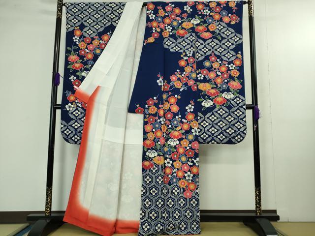 平和屋本店●極上　和染紅型　栗山紅型　栗山吉三郎　振袖　椿　梅　鉄紺色地　鬼しぼ縮緬　逸品　DZAB4366kh6