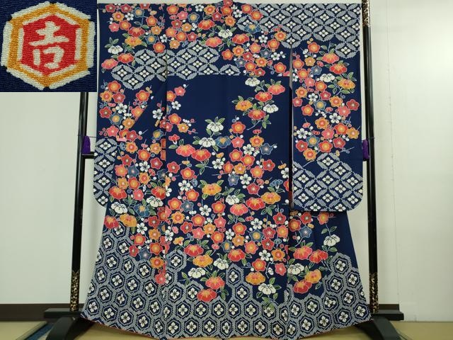 平和屋本店●極上　和染紅型　栗山紅型　栗山吉三郎　振袖　椿　梅　鉄紺色地　鬼しぼ縮緬　逸品　DZAB4366kh6