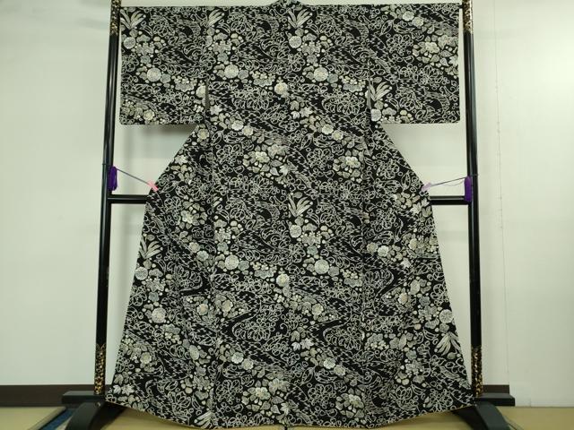 平和屋着物●極上　小紋　草花文　黒地　金彩　伊勢丹扱い　逸品　未使用　DZAB4367kh6