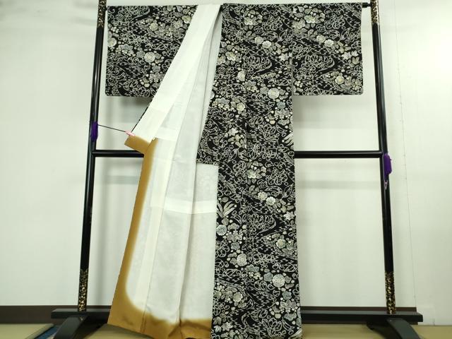 平和屋着物●極上　小紋　草花文　黒地　金彩　伊勢丹扱い　逸品　未使用　DZAB4367kh6_1