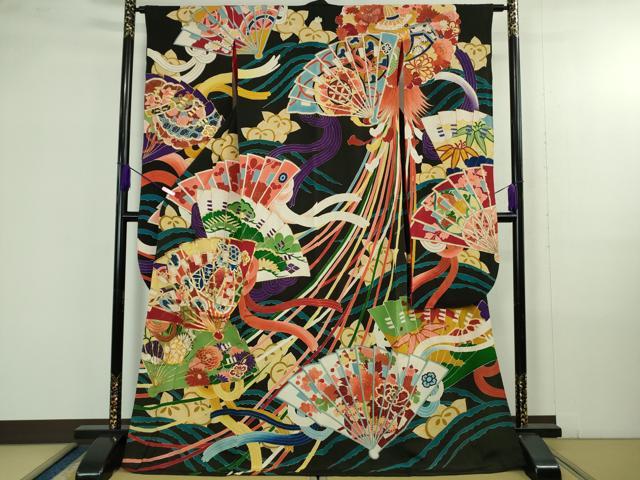 平和屋本店●極上　アンティーク　大正ロマン　振袖　駒刺繍　檜扇花薬玉文　黒地　金彩　逸品　DZAB4372kh6 38,131円