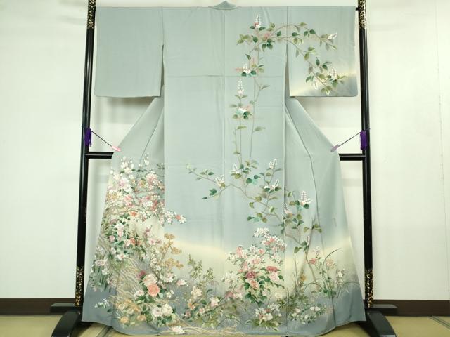 平和屋本店●極上　中国三大刺繍 スワトウ刺繍 汕頭刺繍 相良刺繍 訪問着 四季花文 パウダーブルー色地 暈し染め 金彩　逸品　DZAB4403kh6