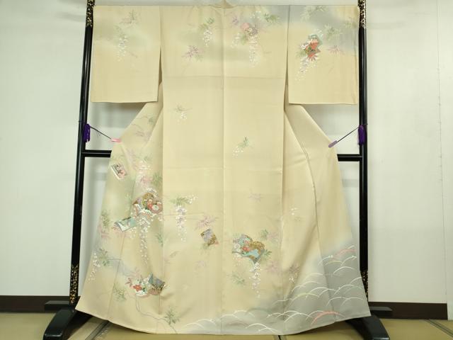 平和屋本店●極上　訪問着　駒刺繍　冊子花文　鳥の子色地　暈し染め　金彩　逸品　DZAB4409kh6