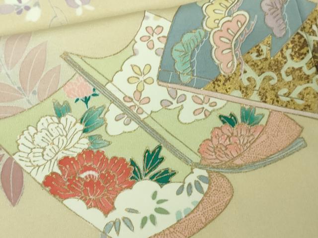 平和屋本店●極上　訪問着　駒刺繍　冊子花文　鳥の子色地　暈し染め　金彩　逸品　DZAB4409kh6_7