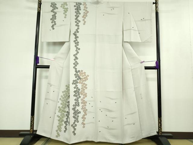 平和屋着物●極上 日本画家 手描き作家 デザイナー 高橋威至 BANKANわものや 訪問着 舞桜 白梅鼠色地 反端付き　逸品　未使用　DZAB4411kh6
