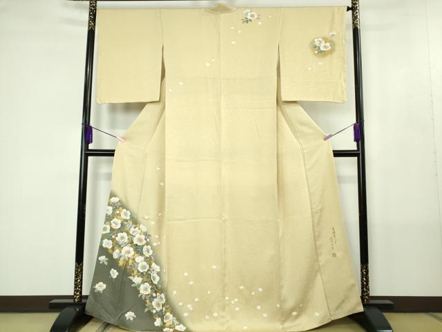 平和屋着物●極上　訪問着　作家物　吉祥花しるし　はまなす　蒸栗色地　暈し染め　金彩　逸品　未使用　DZAB4425kh6