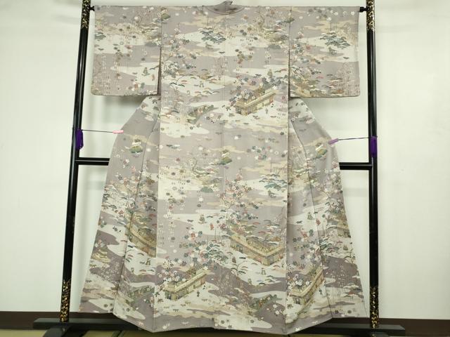 平和屋本店●極上　中国三大刺繍 汕頭刺繍　スワトウ刺繍　総刺繍　人物風景花文　薄色地　暈し染め　鬼しぼ縮緬　金糸　逸品　DZAB4617kh6