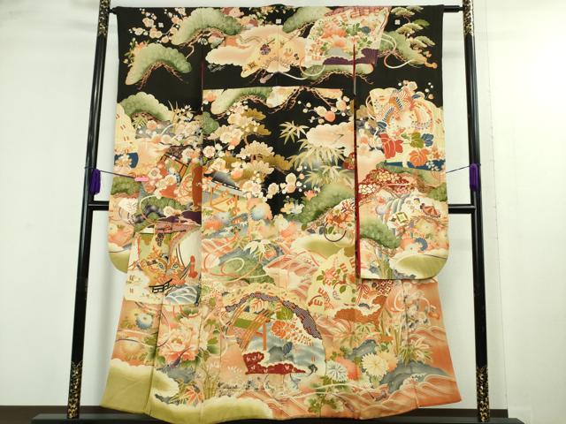 平和屋本店●極上　アンティーク　大正ロマン　振袖　駒刺繍　檜扇吉祥花文　暈し染め　黒地　金彩　逸品　DZAB4642kh6