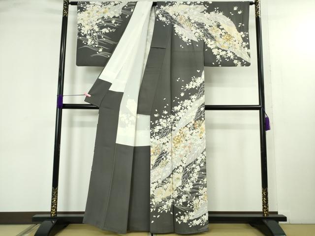 平和屋本店○極上 訪問着 駒刺繍 枝垂れ桜 舞葉花文 藍墨茶色地 金彩