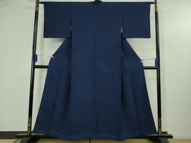 平和屋着物●極上　天然藍　藍染　古庄紀治　お召　名物裂花文　濃藍色　伊と幸　反端付き　逸品　未使用　DZAB4647kh6_1