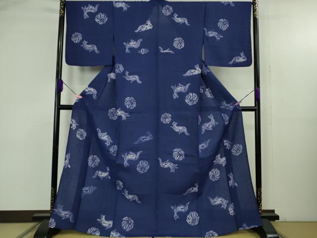 平和屋本店∴極上　夏物　浴衣　有松鳴海絞り　猫　ネコ　花　紺藍色地　麻　逸品　DZAB4673kh6
