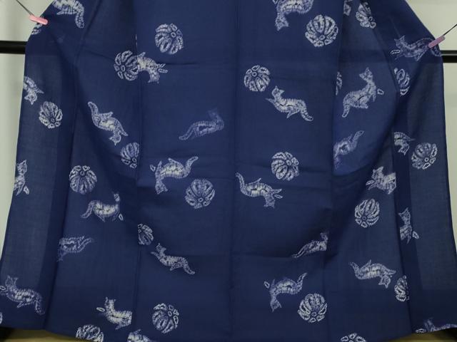 平和屋本店∴極上 夏物 浴衣 有松鳴海絞り 猫 ネコ 花 紺藍色地 麻