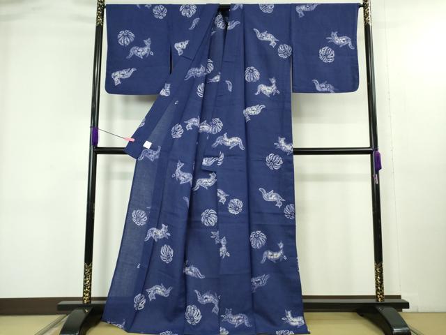 平和屋本店∴極上　夏物　浴衣　有松鳴海絞り　猫　ネコ　花　紺藍色地　麻　逸品　DZAB4673kh6 平和屋本店∴極上 夏物 浴衣 有松鳴海絞り 猫 ネコ 花 紺藍色地 麻