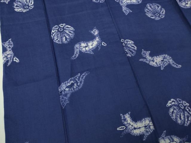平和屋本店∴極上　夏物　浴衣　有松鳴海絞り　猫　ネコ　花　紺藍色地　麻　逸品　DZAB4673kh6 平和屋本店∴極上 夏物 浴衣 有松鳴海絞り 猫 ネコ 花 紺藍色地 麻