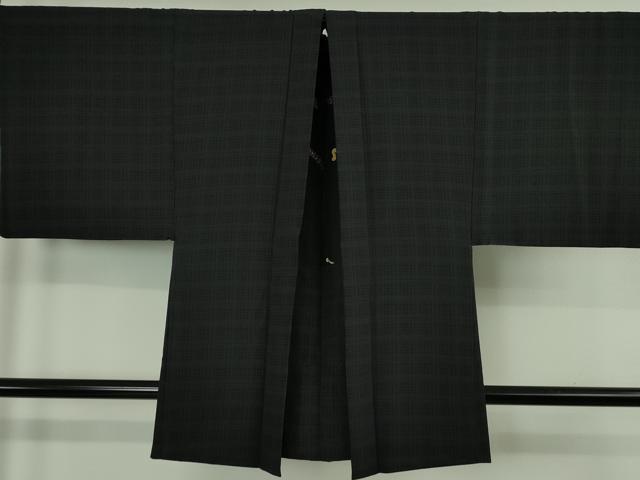 平和屋着物∞極上　男性　長羽織　格子　黒地　羽裏・ピアノ　バイオリン　楽器　逸品　DZAB4699kh6