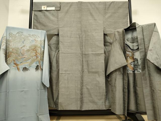 平和屋本店●希少　男性　本場筑前博多織 紬 アンサンブル 長襦袢(袷)・長羽織セット　羽裏・龍　虎　茶鼠色　証紙付き　逸品　DZAB4701kh6