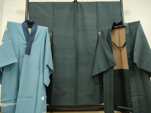 平和屋着物●極上　男性　紬　アンサンブル　キングサイズ　長襦袢(袷)・長羽織セット　濃い鉄御納戸色　逸品　DZAB4718kh6