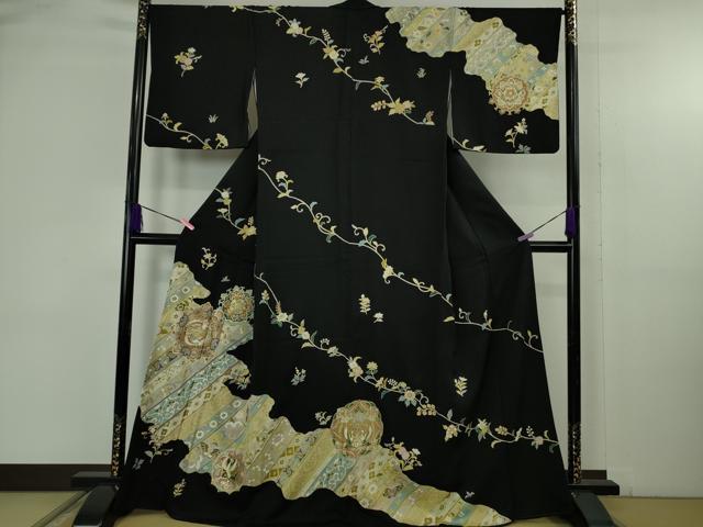 平和屋本店●極上　訪問着　駒刺繍　鳳凰舞鳥更紗花文　黒地　金彩　逸品　DZAB4739kh6 平和屋本店○極上 訪問着 駒刺繍 鳳凰舞鳥更紗花文 黒地 金彩 逸品