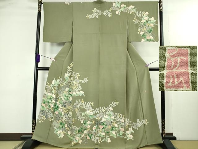 平和屋本店●極上　本加賀友禅作家　東藤岳　訪問着　枝花文　灰汁色地　逸品　DZAB4743kh6