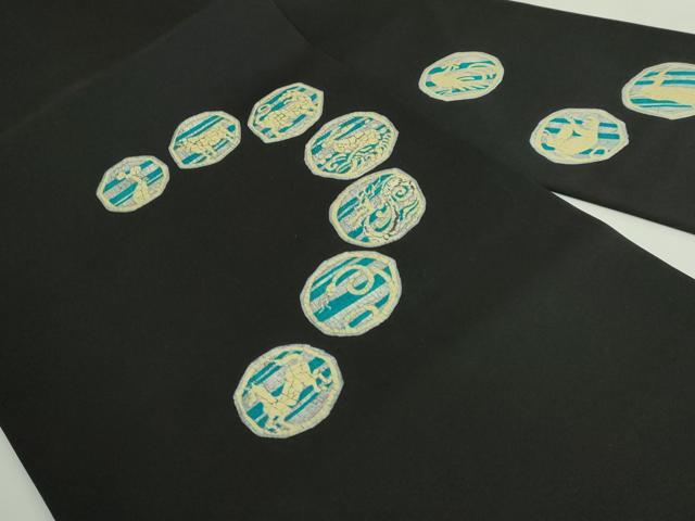 平和屋着物●極上　塩瀬　九寸名古屋帯　十二支　干支　黒地　纐染　ゑり善扱い　たとう紙付き　逸品　DZAB4793kh6_2