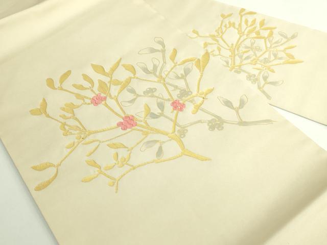 平和屋着物●極上　塩瀬　九寸名古屋帯　刺繍　南天枝葉文　金彩　逸品　DZAB4795kh6_1