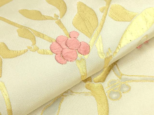 平和屋着物●極上　塩瀬　九寸名古屋帯　刺繍　南天枝葉文　金彩　逸品　DZAB4795kh6_2