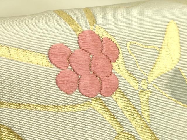 平和屋着物●極上　塩瀬　九寸名古屋帯　刺繍　南天枝葉文　金彩　逸品　DZAB4795kh6_4