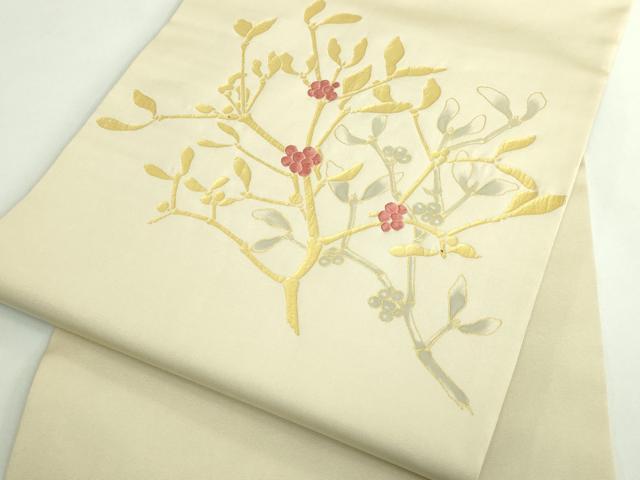 平和屋着物●極上　塩瀬　九寸名古屋帯　刺繍　南天枝葉文　金彩　逸品　DZAB4795kh6_5