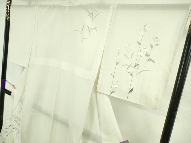 平和屋本店＊極上　夏物　訪問着　紗紬　枝花文　象牙色地　逸品　未使用　DZAB4986kh6 平和屋着物▽訪問着 単衣 紬地 型染め 藤花房 正絹 逸品 AAAW1370fy